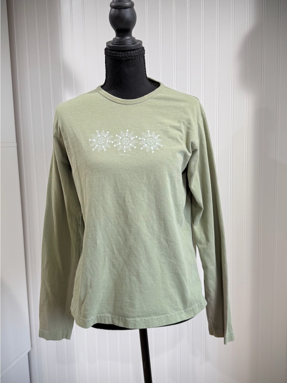 Columbia Sage Green Long Sleeve Tee with White Snowflake Motif